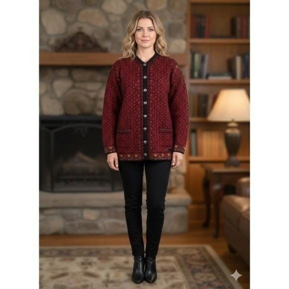 Dale of Norway red black print button front wool sweater oversized‎ small